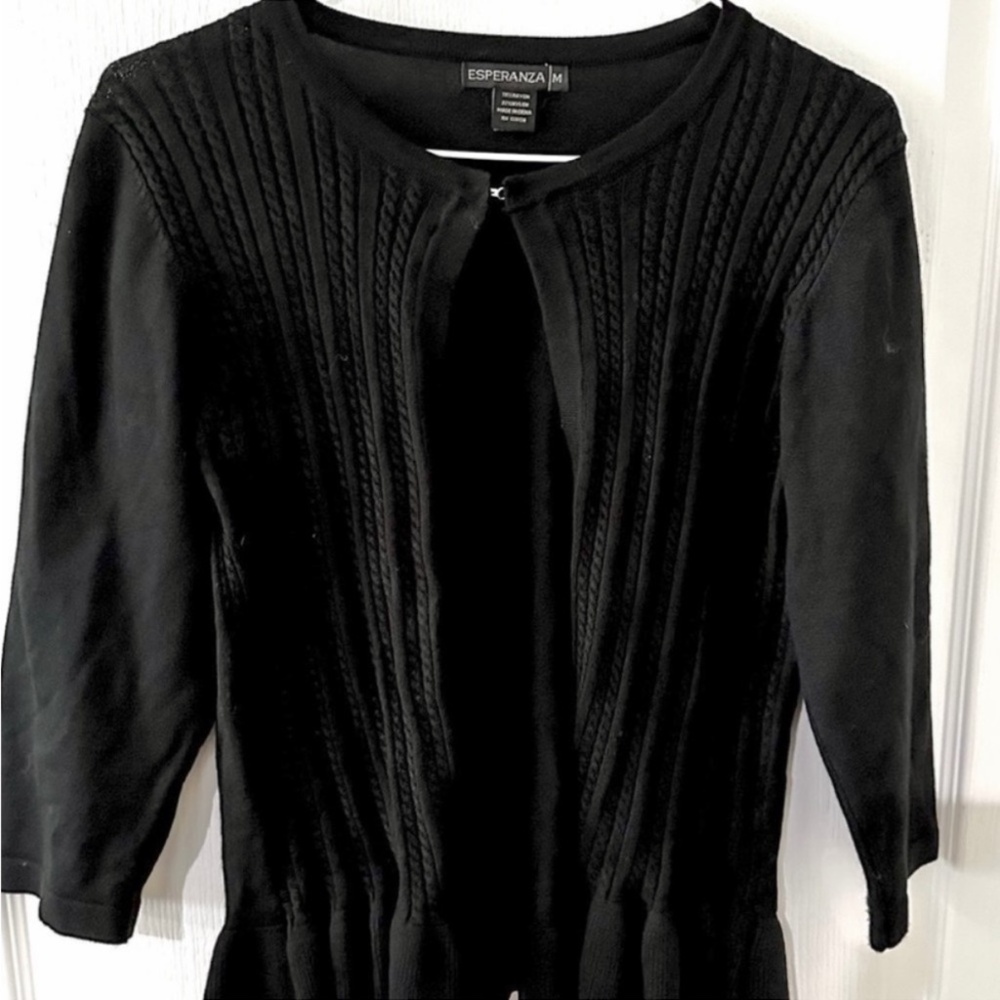 Esperanza Black Cardigan Knit Sweater with Ruffled Hem Sz M